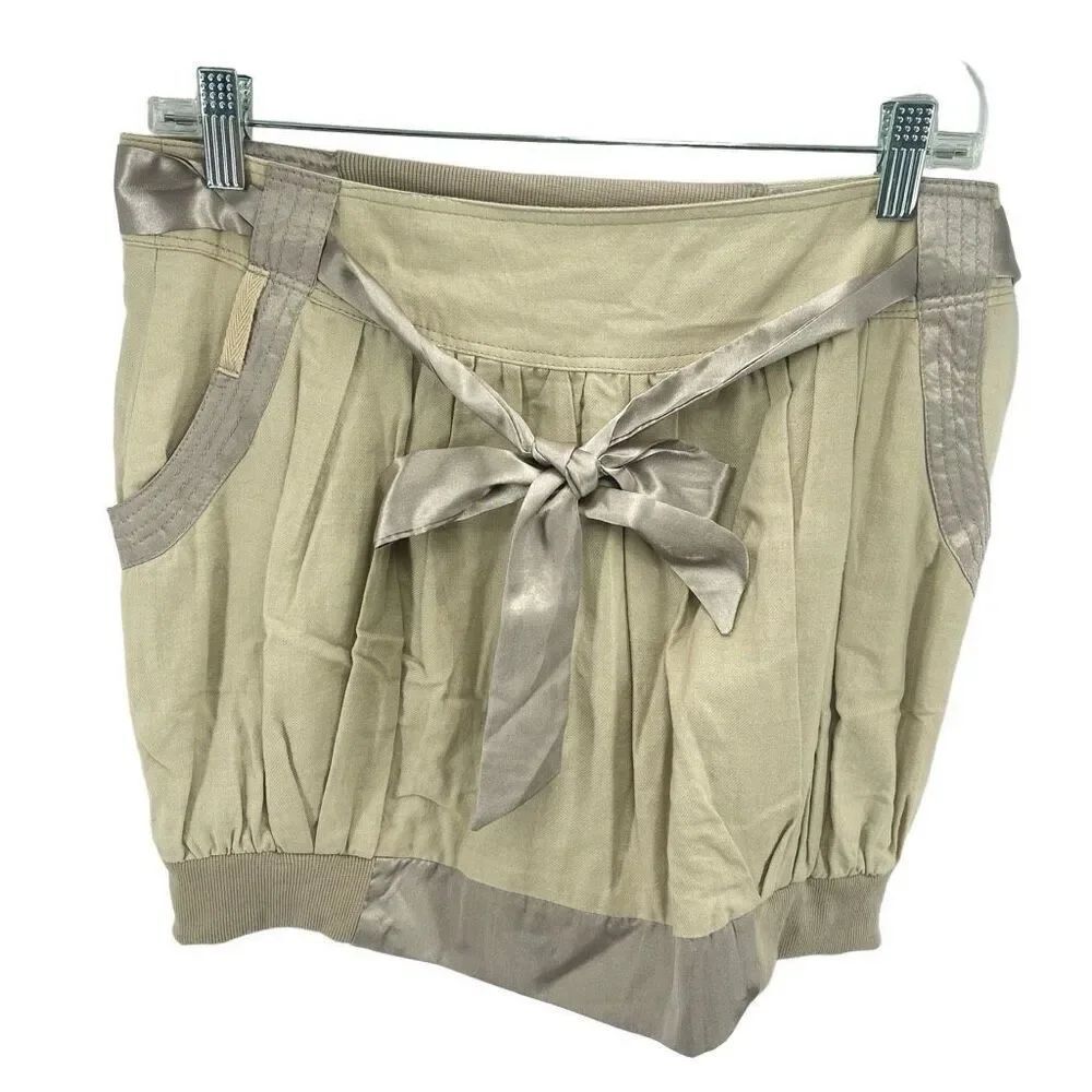 Hazel Women's Cotton Removable Satin Belt Pockets Bubble Mini Skirt Khaki medium